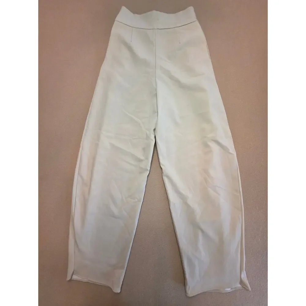 Zara Single-Pleat Barrel-Leg Balloon Trouser Pants Cream Sz XS Wide-Leg